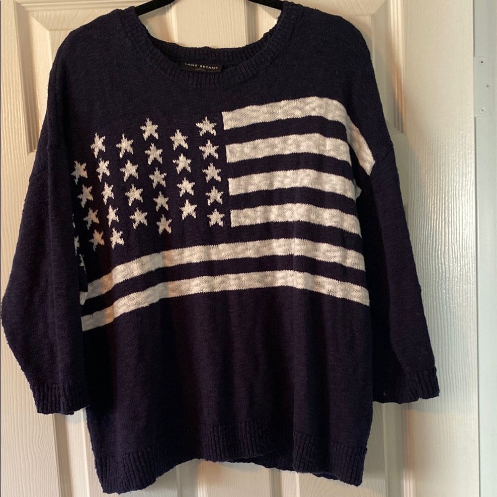 Lane Bryant Blue and White Crew Neck American Flag Sweater
